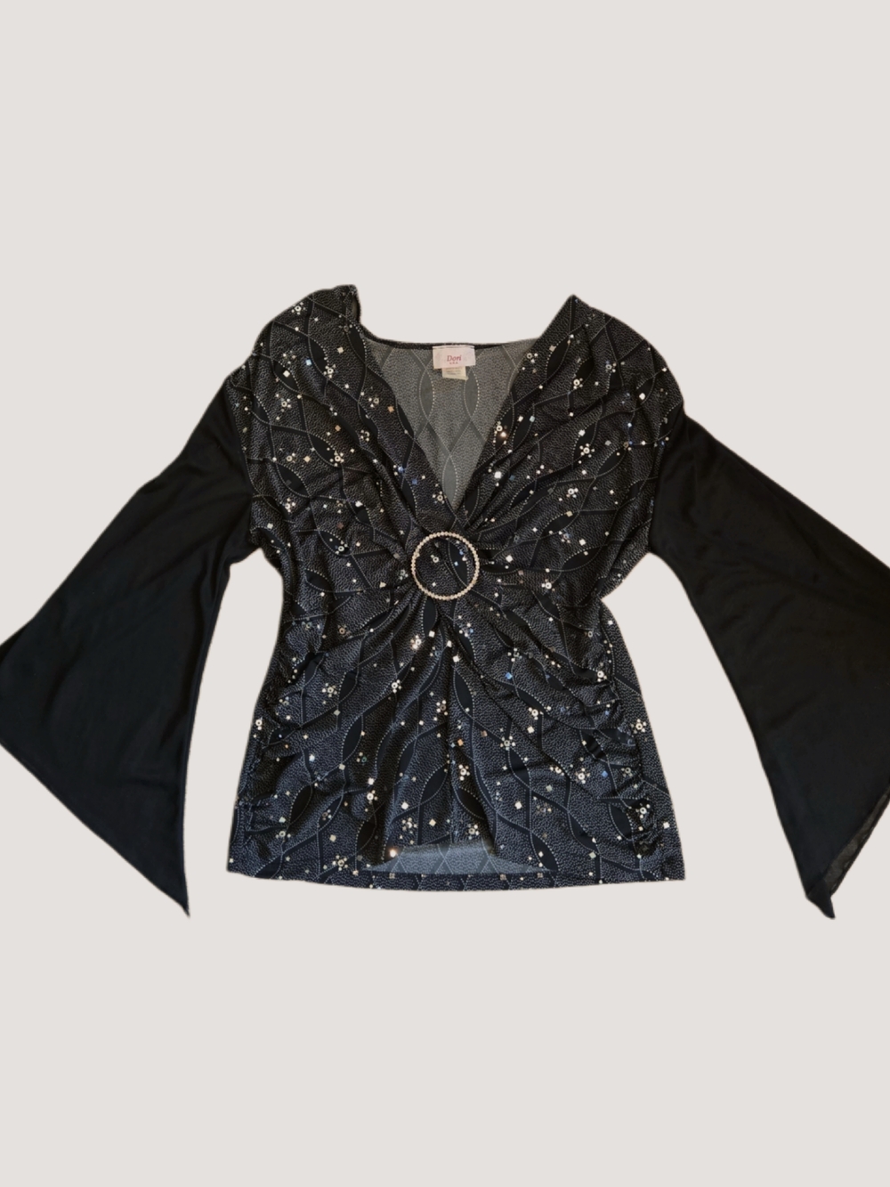 Vintage Y2k Gothic Black V-Neck Ring-Detail Fairy Top!